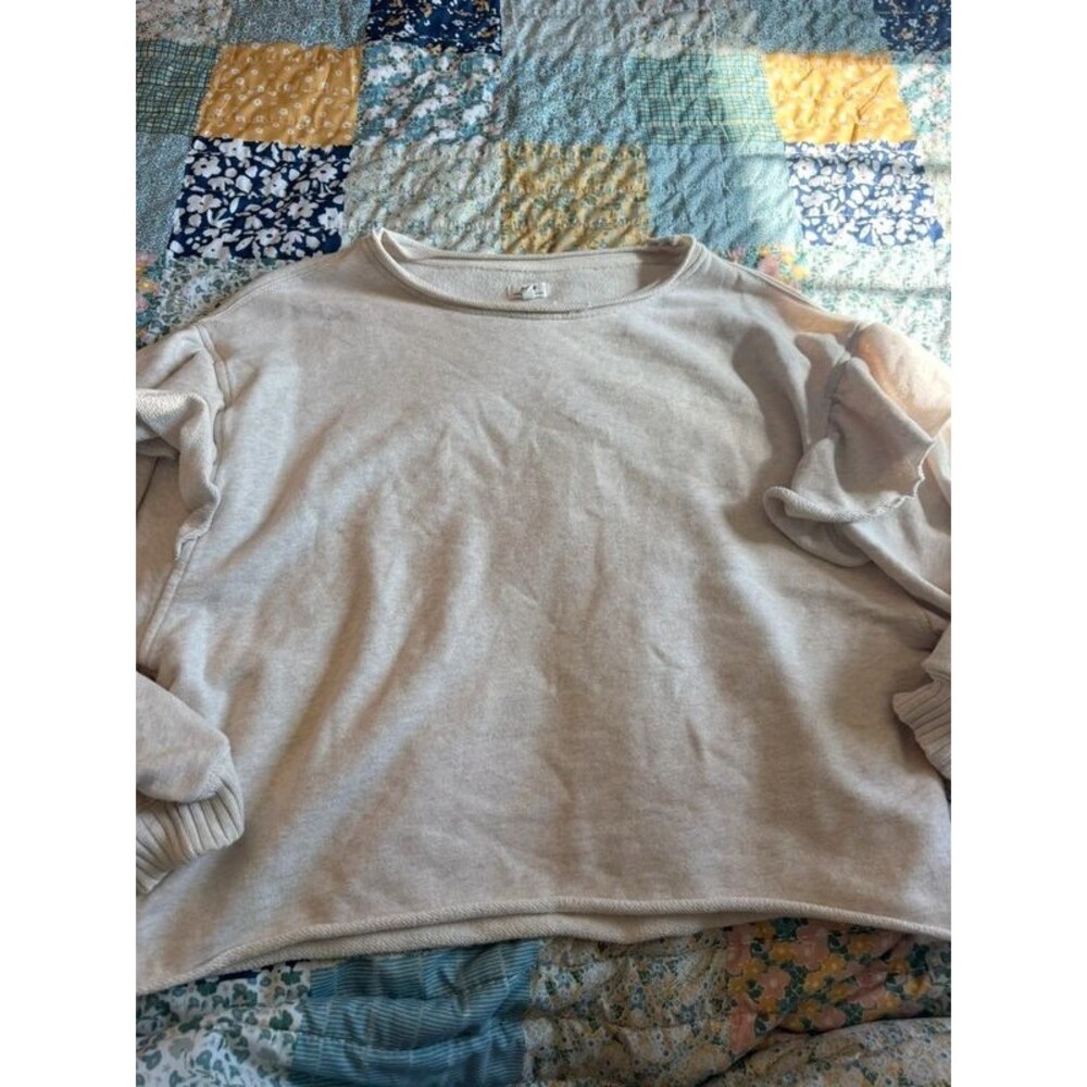 Aerie Oatmeal Ruffle Sleeve Cropped Sweatshirt Boho Cozy Size L. 753